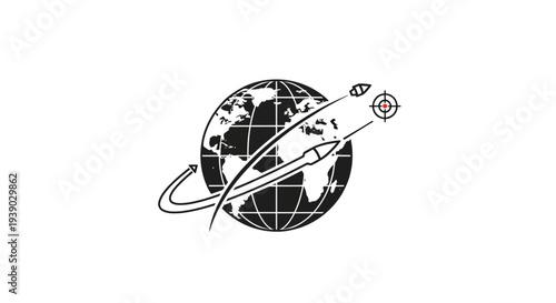 Global missile attack or defense targeting world map illustration on isolated white background.