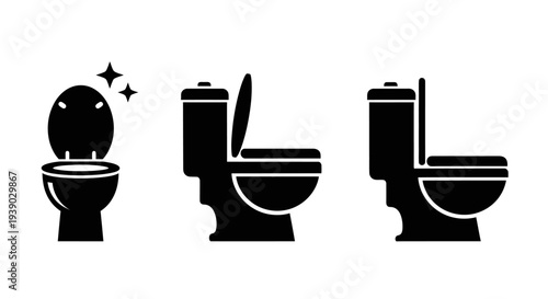 Three black toilet icons in different states
