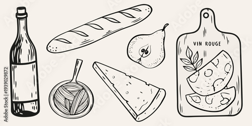 A charming hand drawn illustration of french food and kitchen items