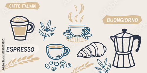 Italian coffee illustration featuring espresso croissants and brewing equipment
