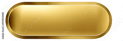 A glossy, rounded rectangular gold button with a bright, polished surface
