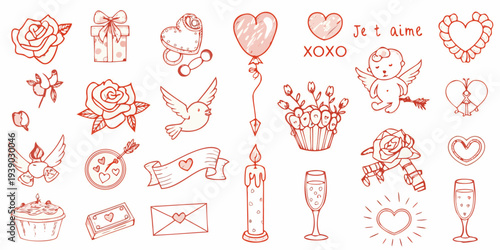 A collection of hand drawn romantic elements for valentine s day designs