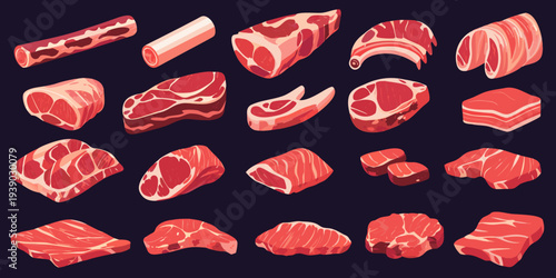 Assorted cuts of raw red meat displayed on a dark purple background