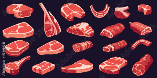 Variety of raw red meat cuts arranged on a dark purple background
