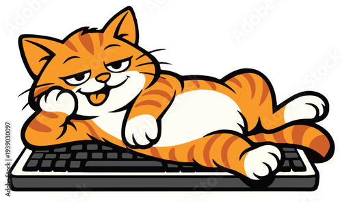 A relaxed cat lying across a keyboard, interrupting work in the classic mischievous cat fashion. The design captures a funny everyday moment many cat owners recognize.