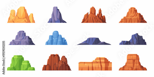 Cartoon collection of colorful rock formations and mountainous terrain