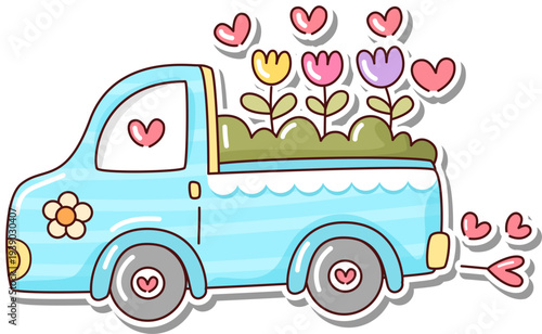 Cute Flower Truck Sticker Illustration 