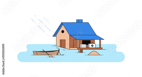 Cottage with Boat in Flooded Area.