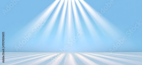 Bright white rays of light beam down onto a light blue background