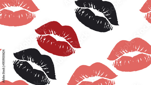 Playful and romantic seamless pattern featuring scattered stylized lips and kiss marks in shades of red, pink, and black on a clean white background, perfect for beauty or love themes.