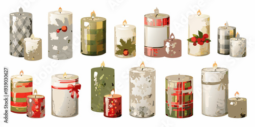 A collection of diverse decorative candles with festive patterns and ribbons