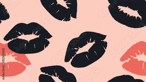Playful and fashionable seamless pattern featuring scattered stylized lips and kiss marks in shades of black and pink on a soft coral background, perfect for beauty or love themes.