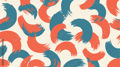 Vibrant and dynamic seamless pattern featuring numerous hand-drawn brush stroke crescents in a lively palette of blue and orange on a soft cream background, creating an energetic abstract design.