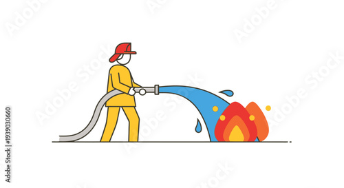 Firefighter Fighting Fire with Water Hose.