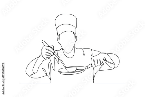 Chef Tasting Food With Spoon. Cooking in Kitchen Concept. Single line draw design Video 4k. Footage graphic illustration