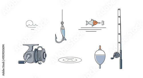 Fishing Gear and Equipment Illustration Set.