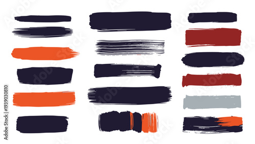 Versatile collection of bold brush strokes in a modern palette of dark blue, warm orange, and subtle red-grey, offering a variety of textures for contemporary graphic designs.