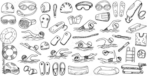 Black and White Line Art of Swimming Equipment and Activities