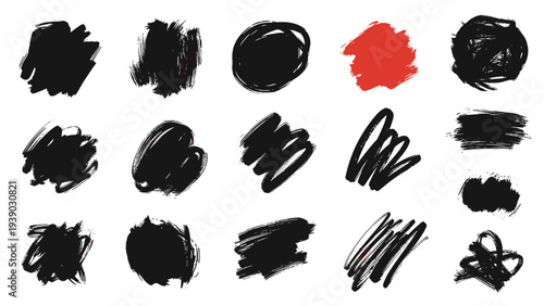 Extensive and versatile collection of diverse black and a few red brush strokes and messy shapes with varying textures, perfect for graphic design elements, backgrounds, and artistic accents.