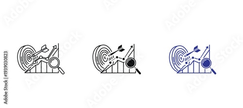  Business Strategy and Market Analysis Icon Set - Target Bullseye with Growth Bar Graph and Magnifying Glass - Vector Illustration for Data Research, Goal Achievement, and Performance Tracking