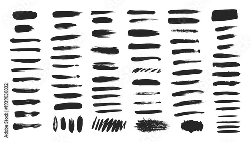 Comprehensive collection of numerous hand-drawn black brush strokes of various lengths, widths, and textures, providing a rich array of versatile elements for graphic design and art.