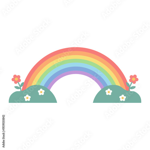 Cute Rainbow With Flowers Vector