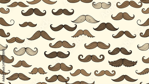 Whimsical and retro seamless pattern featuring a diverse array of hand-drawn mustaches in various styles and brown shades on a light beige background, perfect for quirky or vintage designs.