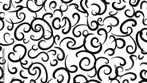 Dynamic and expressive seamless pattern featuring intricate hand-drawn black swirls and curls with a rough brush stroke texture on a clean white background, creating an energetic abstract design.
