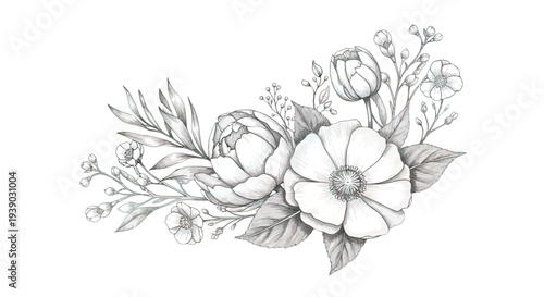 Hand Drawn Floral Arrangement with Flowers and Leaves.