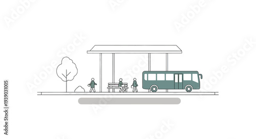 Green Bus at Modern Bus Stop Shelter.