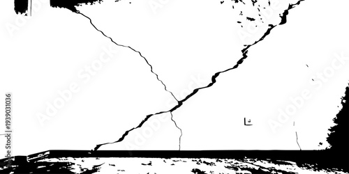 Damaged plaster surface with spreading crack network and black distressed lower section, industrial abstract backdrop.