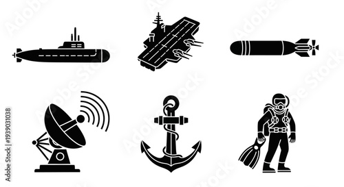 Marine and Military Defense Glyph Icons Set with Submarine, Anchor, and Diver on Isolated White Background