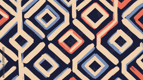 Bold and vibrant seamless abstract pattern featuring interlocking geometric diamond shapes with a brush stroke texture in a palette of dark blue, orange, light blue, and beige.