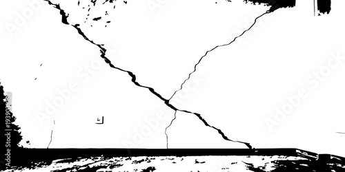 Distressed white wall with irregular fracture lines and rough gritty bottom border, artistic abstract cement surface.