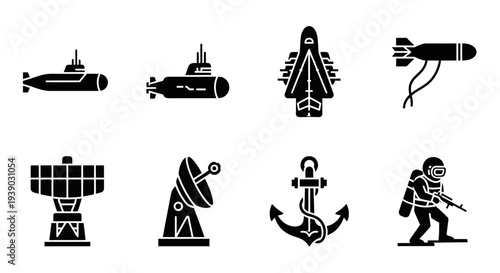 Naval Military and Defense Glyph Icons Set Featuring Submarine, Aircraft Carrier, and Diver on Isolated White Background