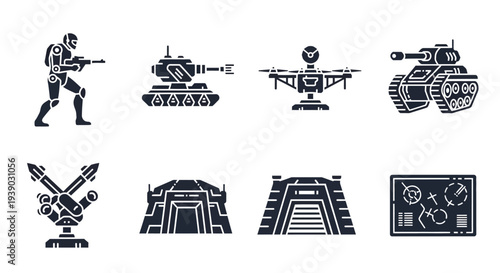Military and Defense Glyph Icons Set Including Soldier, Tank, and Radar Screen on Isolated White Background