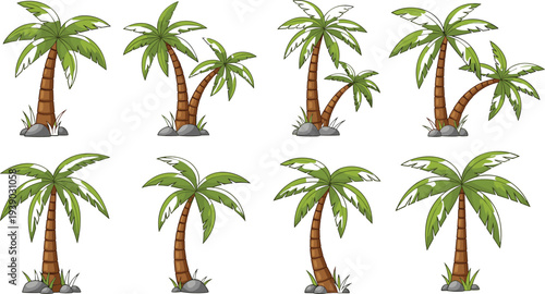 Collection of tropical palm tree cartoon vector illustrations with different shapes isolated on white background, ideal for beach design, island landscape, summer travel graphics