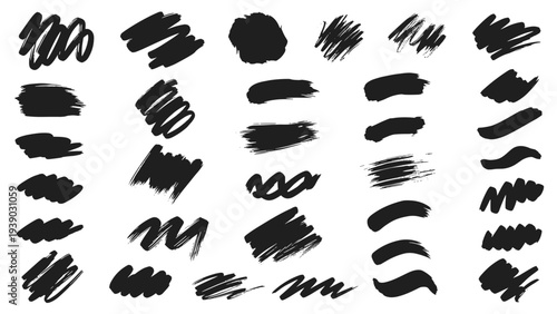 Comprehensive collection of numerous hand-drawn black brush strokes, squiggles, and messy shapes of various styles, providing a rich array of versatile elements for graphic design and art.