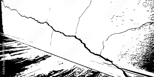 Aged plaster wall with natural crack veins and chipped dark base, high contrast monochrome concrete texture for grunge backgrounds.