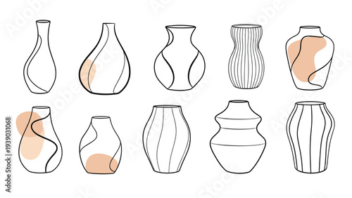 Modern and artistic collection of hand-drawn outlined vases in various organic shapes, some accented with soft peach abstract elements, ideal for contemporary decor and design.