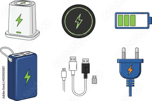 Electric charging devices vector set including battery indicator power bank charger plug and USB cables isolated on white background for technology and energy icons