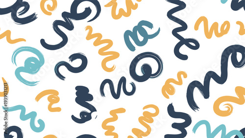 Energetic and vibrant seamless abstract pattern featuring hand-drawn swirls and curls with a brush stroke texture in a lively palette of dark blue, light blue, and orange on white.