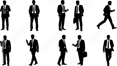 Set of businessman silhouettes in various poses including walking running talking on phone and standing in formal suits for corporate design
