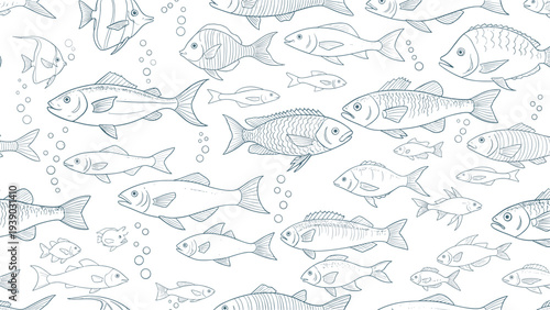 Detailed seamless pattern featuring an array of hand-drawn outline fish and bubbles, illustrating diverse aquatic life in a harmonious, decorative composition.