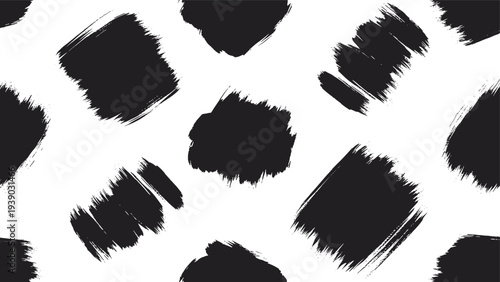 Striking seamless pattern featuring abstract black brush stroke patches irregularly scattered across a clean white background, creating a bold, textured, and modern design.