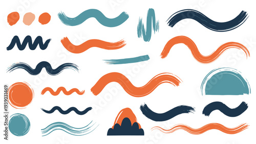 Diverse collection of colorful hand-painted brush strokes, wavy lines, and abstract shapes, offering versatile design elements for creative and artistic projects.