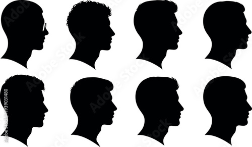 Set of male profile head silhouettes with various hairstyles including curly wavy short and undercut hair for barbershop and identity icons
