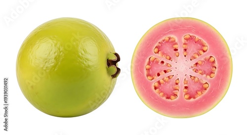 Guava fruit, whole and halved, pink interior