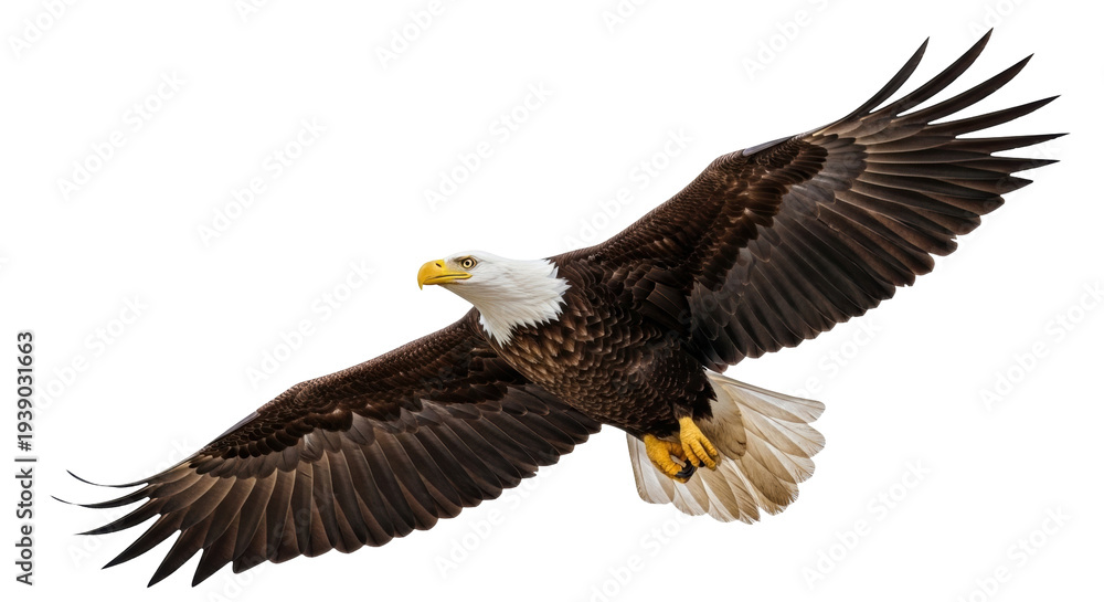 Obraz premium Isolated bald eagle soaring through the air with wings spread, majestic bird of prey flying