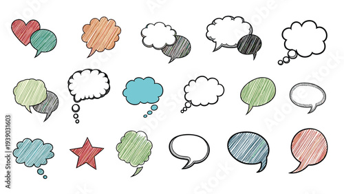 Varied collection of colorful hand-drawn speech bubbles and thought clouds with a charming hatched texture, ideal for communication and dialogue-themed designs.